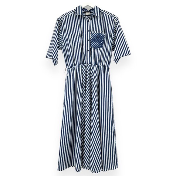 Vintage Dresses & Skirts - Made in USA Vintage Caliche Blue & White Stripe Short Sleeve Midi Dress